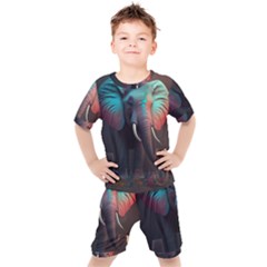 Ai Generated Elephant Tusks Trunk Wildlife Africa Kids  Tee And Shorts Set by danenraven