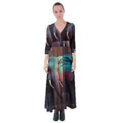 Ai Generated Elephant Tusks Trunk Wildlife Africa Button Up Maxi Dress by danenraven