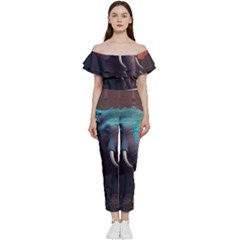 Ai Generated Elephant Tusks Trunk Wildlife Africa Off Shoulder Ruffle Top Jumpsuit by danenraven