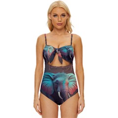 Ai Generated Elephant Tusks Trunk Wildlife Africa Knot Front One-piece Swimsuit by danenraven