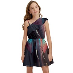 Ai Generated Elephant Tusks Trunk Wildlife Africa Kids  One Shoulder Party Dress by danenraven