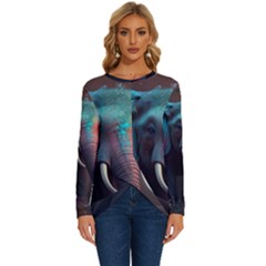 Ai Generated Elephant Tusks Trunk Wildlife Africa Long Sleeve Crew Neck Pullover Top by danenraven