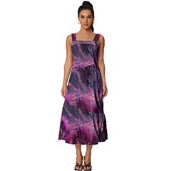 Landscape Landscape Painting Purple Purple Trees Square Neckline Tiered Midi Dress