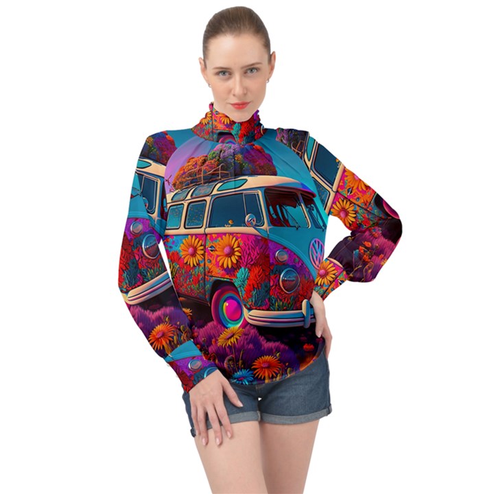 Ai Generated Beetle Volkswagen Bug Car Bus High Neck Long Sleeve Chiffon Top