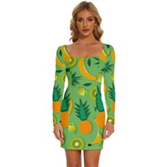 Fruit Tropical Pattern Design Art Pattern Long Sleeve Square Neck Bodycon Velvet Dress