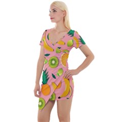 Fruits Tropical Pattern Design Art Short Sleeve Asymmetric Mini Dress by Ravend