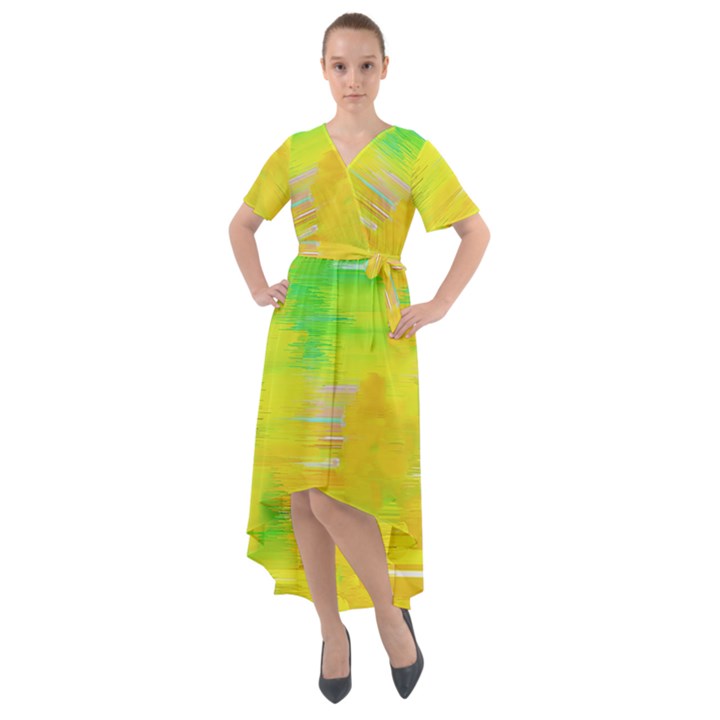 Colorful Multicolored Maximalist Abstract Design Front Wrap High Low Dress