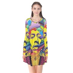 Psychedelic Rock Jimi Hendrix Long Sleeve V-neck Flare Dress