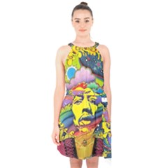 Psychedelic Rock Jimi Hendrix Halter Collar Waist Tie Chiffon Dress