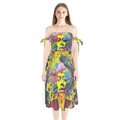 Psychedelic Rock Jimi Hendrix Shoulder Tie Bardot Midi Dress