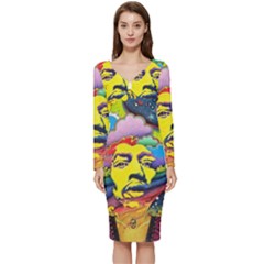 Psychedelic Rock Jimi Hendrix Long Sleeve V-neck Bodycon Dress  by Jancukart