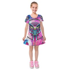 Owl Dreamcatcher Kids  Short Sleeve Velvet Dress