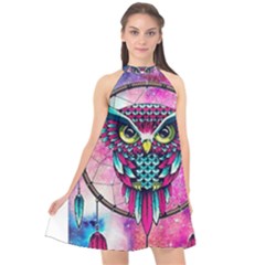 Owl Dreamcatcher Halter Neckline Chiffon Dress 