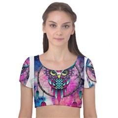 Owl Dreamcatcher Velvet Short Sleeve Crop Top 