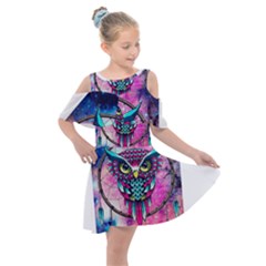 Owl Dreamcatcher Kids  Shoulder Cutout Chiffon Dress