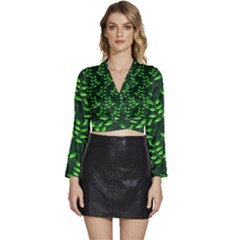 Branches Nature Green Leaves Sheet Long Sleeve Tie Back Satin Wrap Top