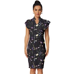 Flowers Floral Pattern Floral Print Vintage Frill Sleeve V-neck Bodycon Dress