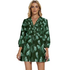 Plants Leaves Flowers Pattern V-neck Placket Mini Dress