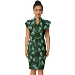 Plants Leaves Flowers Pattern Vintage Frill Sleeve V-neck Bodycon Dress