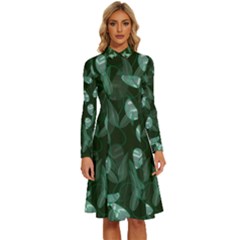 Plants Leaves Flowers Pattern Long Sleeve Shirt Collar A-line Dress