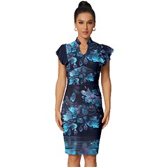 Ai Generated Cherry Blossom Vintage Frill Sleeve V-neck Bodycon Dress