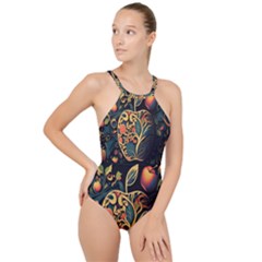 Ai Generated Apple Foliage High Neck One Piece Swimsuit by Ravend