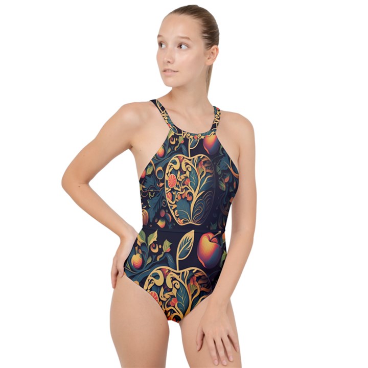 Ai Generated Apple Foliage High Neck One Piece Swimsuit