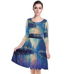 Oil Painting Night Scenery Fantasy Quarter Sleeve Waist Band Dress by Ravend