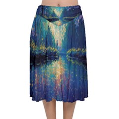 Oil Painting Night Scenery Fantasy Velvet Flared Midi Skirt