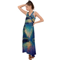 Oil Painting Night Scenery Fantasy V-neck Chiffon Maxi Dress by Ravend