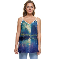 Oil Painting Night Scenery Fantasy Casual Spaghetti Strap Chiffon Top by Ravend