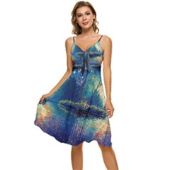 Oil Painting Night Scenery Fantasy Sleeveless Tie Front Chiffon Dress by Ravend