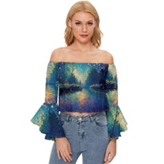 Oil Painting Night Scenery Fantasy Off Shoulder Flutter Bell Sleeve Top by Ravend