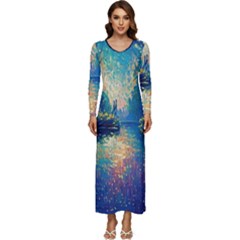 Oil Painting Night Scenery Fantasy Long Sleeve Longline Maxi Dress by Ravend