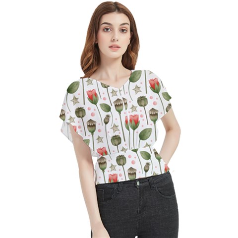 Poppies Red Poppies Red Flowers Butterfly Chiffon Blouse by Ravend