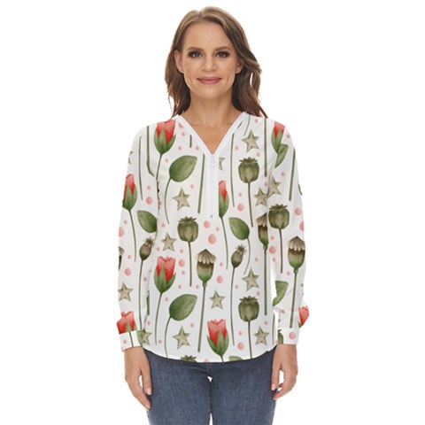 Poppies Red Poppies Red Flowers Zip Up Long Sleeve Blouse by Ravend