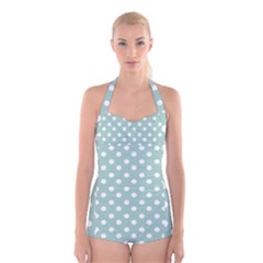 Light Blue And White Polka Dots Boyleg Halter Swimsuit  by GardenOfOphir