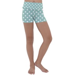 Light Blue And White Polka Dots Kids  Lightweight Velour Yoga Shorts by GardenOfOphir