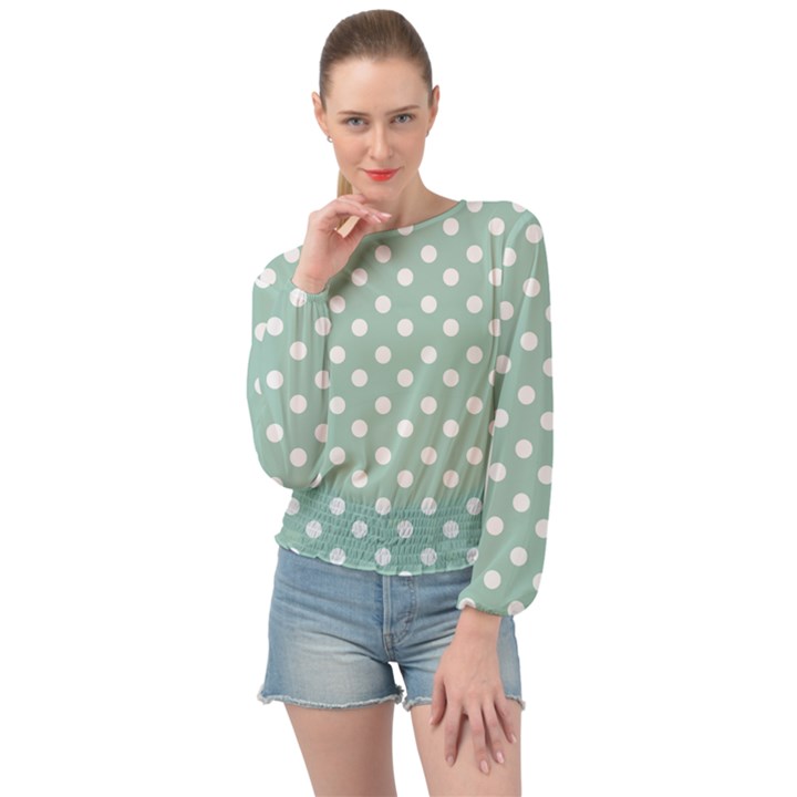 Light Blue And White Polka Dots Banded Bottom Chiffon Top