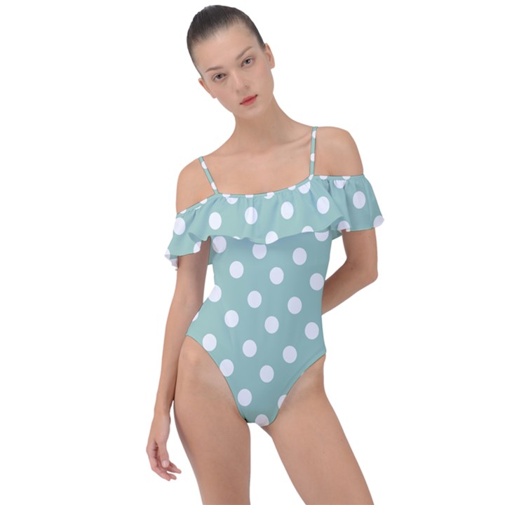 Light Blue And White Polka Dots Frill Detail One Piece Swimsuit