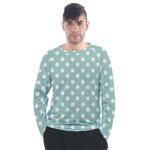 Light Blue And White Polka Dots Men s Long Sleeve Raglan Tee by GardenOfOphir