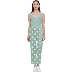 Light Blue And White Polka Dots V-neck Spaghetti Strap Tie Front Jumpsuit by GardenOfOphir