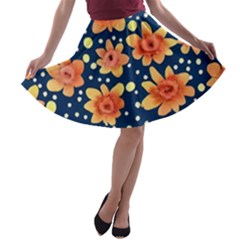 Flowers And Polka Dots Watercolor A-line Skater Skirt by GardenOfOphir