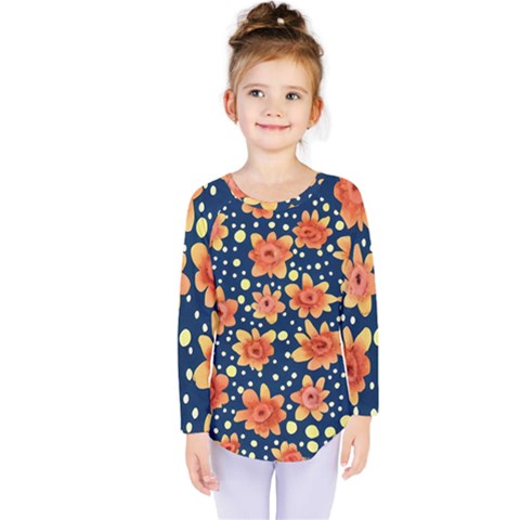 Flowers And Polka Dots Watercolor Kids  Long Sleeve Tee by GardenOfOphir