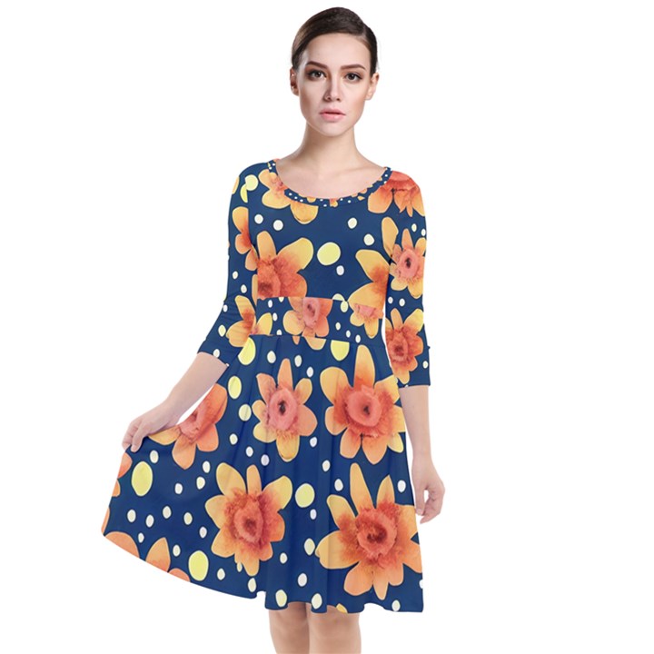 Flowers and Polka Dots Watercolor Quarter Sleeve Waist Band Dress