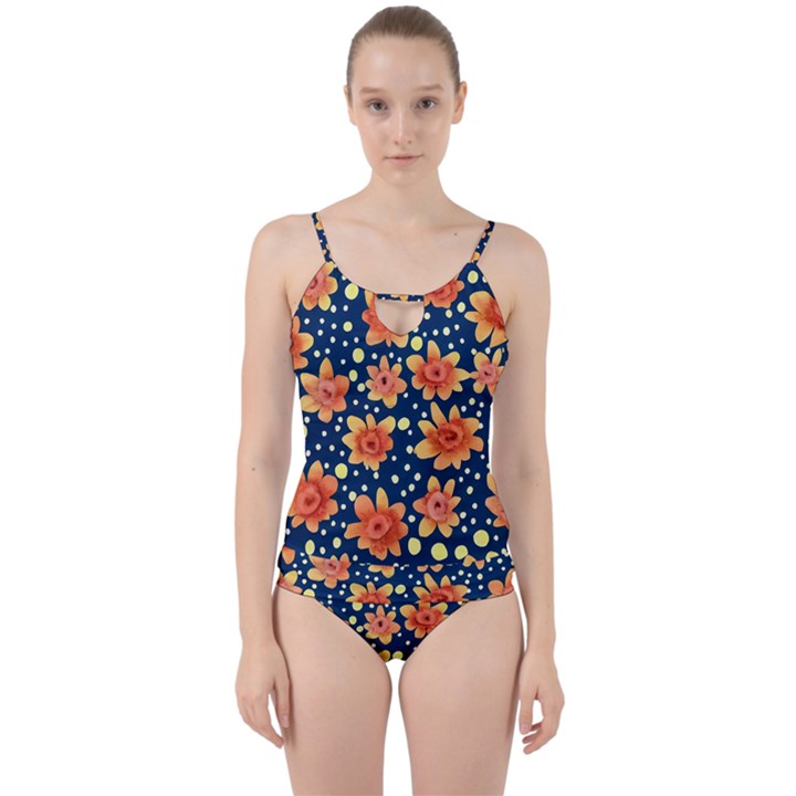 Flowers and Polka Dots Watercolor Cut Out Top Tankini Set