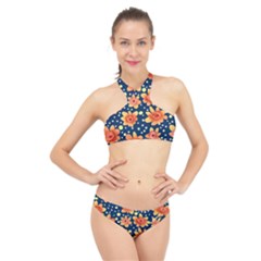 Flowers And Polka Dots Watercolor High Neck Bikini Set by GardenOfOphir