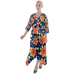 Flowers And Polka Dots Watercolor Quarter Sleeve Wrap Front Maxi Dress by GardenOfOphir