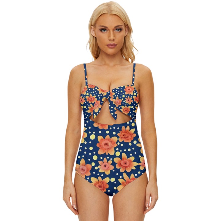 Flowers and Polka Dots Watercolor Knot Front One-Piece Swimsuit