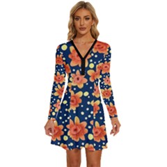 Flowers And Polka Dots Watercolor Long Sleeve Deep V Mini Dress  by GardenOfOphir